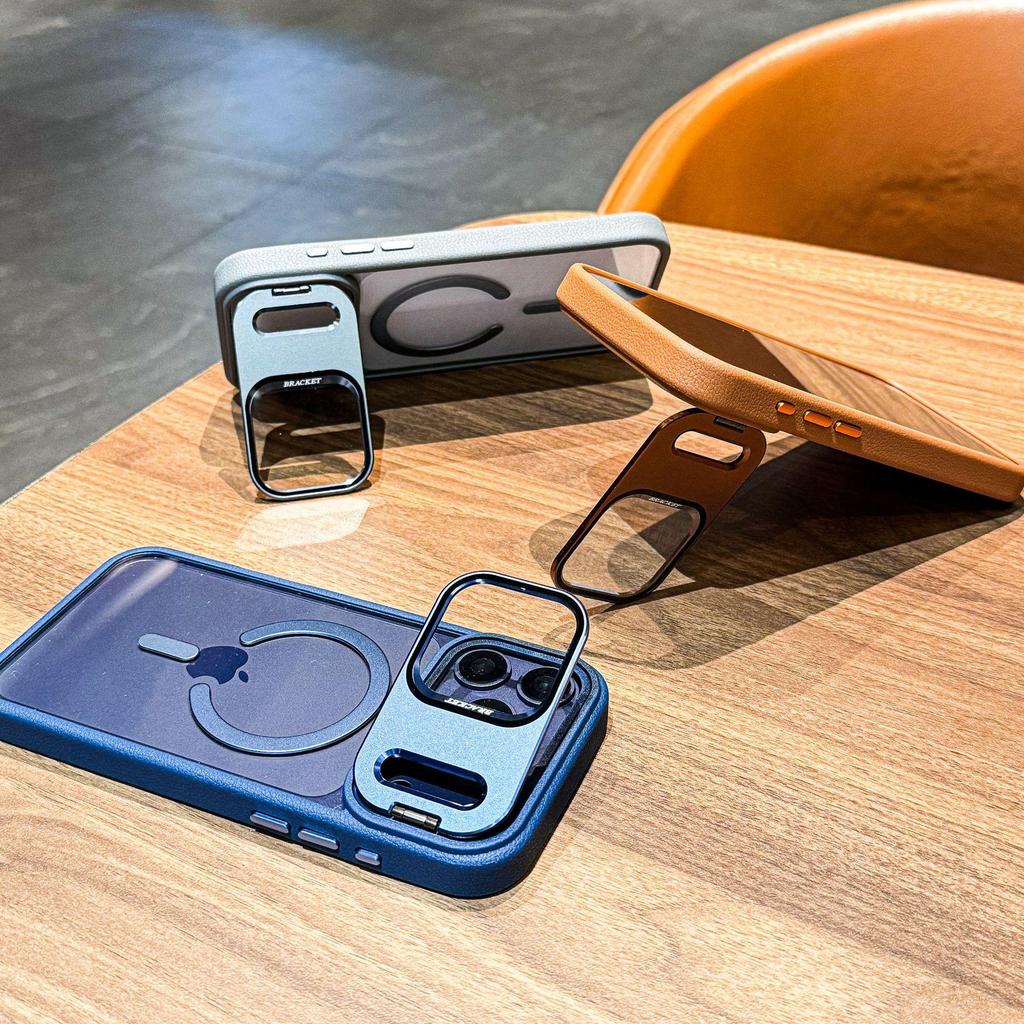 Compatible with Apple 17 Promax: Leather Texture Magnetic Case, iPhone 16 PM Lens Stand, and iPhone 15 Frosted Protective Cover.