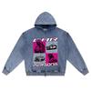 DTG print Knitted Denim Zip-Up Hoodie Car Persona Brother Print Zipper Hoodies  