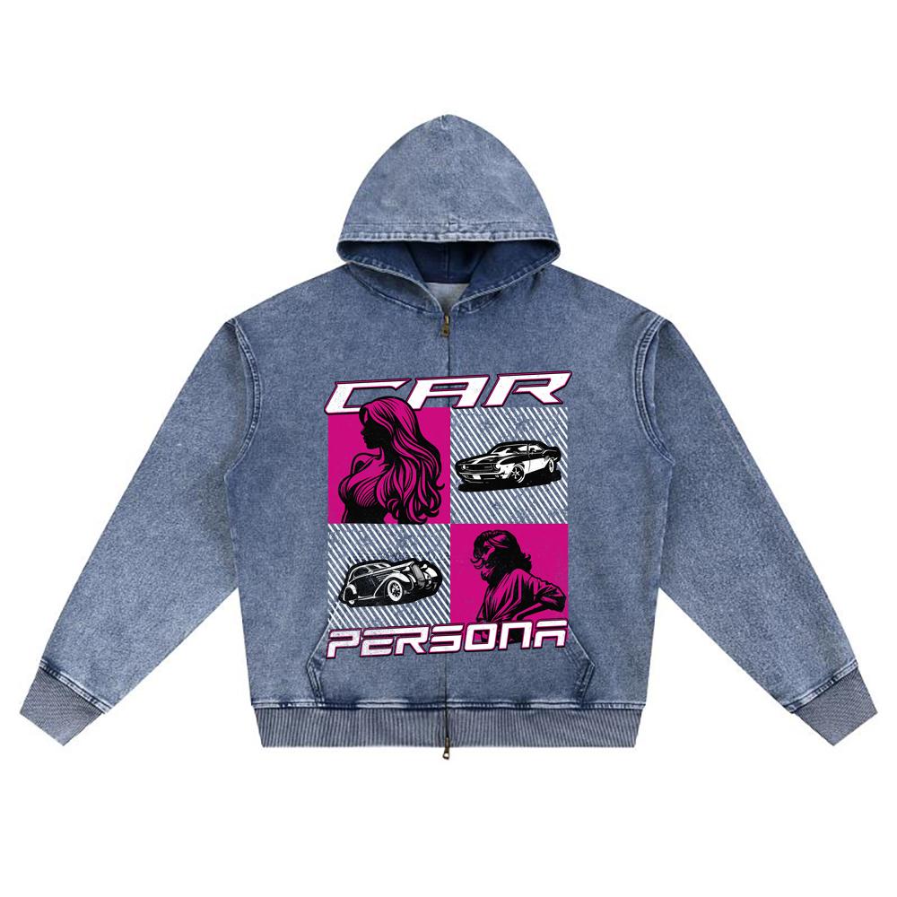 DTG print Knitted Denim Zip-Up Hoodie Car Persona Brother Print Zipper Hoodies  