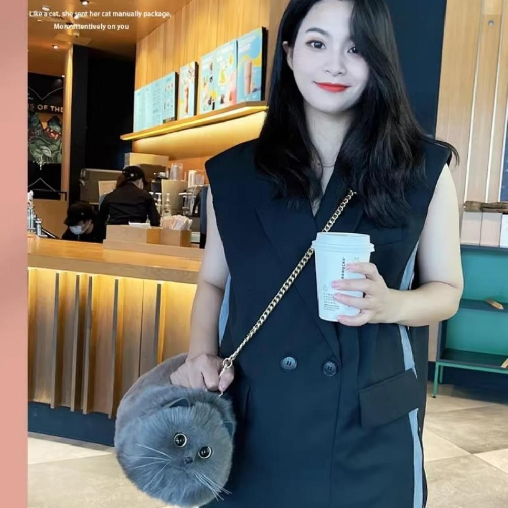 One Shoulder Bag Female Design Small Man Messenger Bag Versatile Hand Made Autumn and Winter Plush Cute Cat Bag
