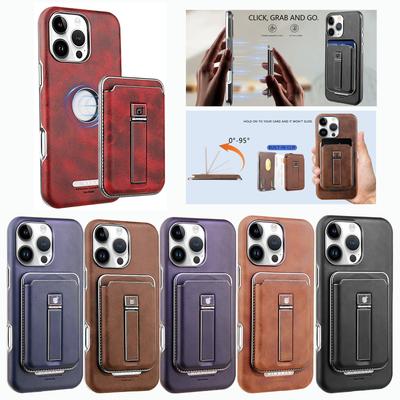 2 In 1 Detachable Magnetic Card Holder,Luxury Leather Case Metal Kickstand Protection Flip Back Cover For iPhone 16 15 14 13 12 Pro Max 16Pro 15Pro