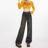 Retro Hong Kong Style Autumn and Winter New High-waisted Slim Loose Pants Women's Cement Gray Straight Wide-leg Jeans