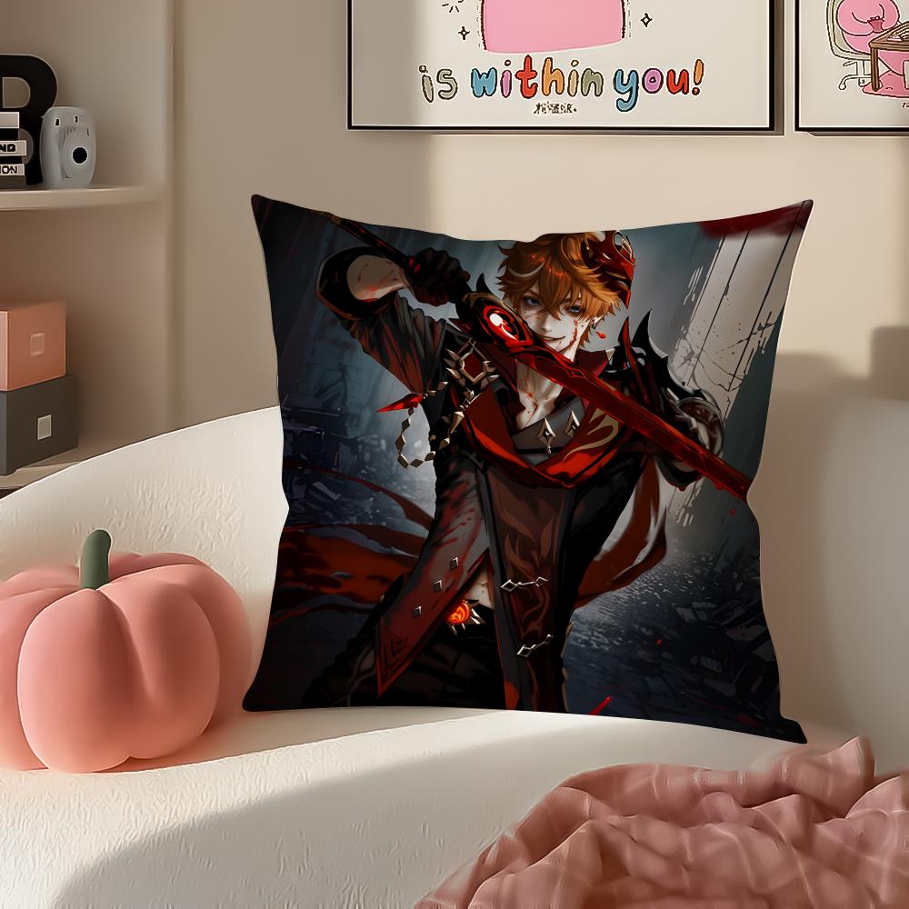 Game Genshin Tartaglia Cushion Cover Pillowcase Short Plush Invisible Zipper Room Sofa Cushion Cover