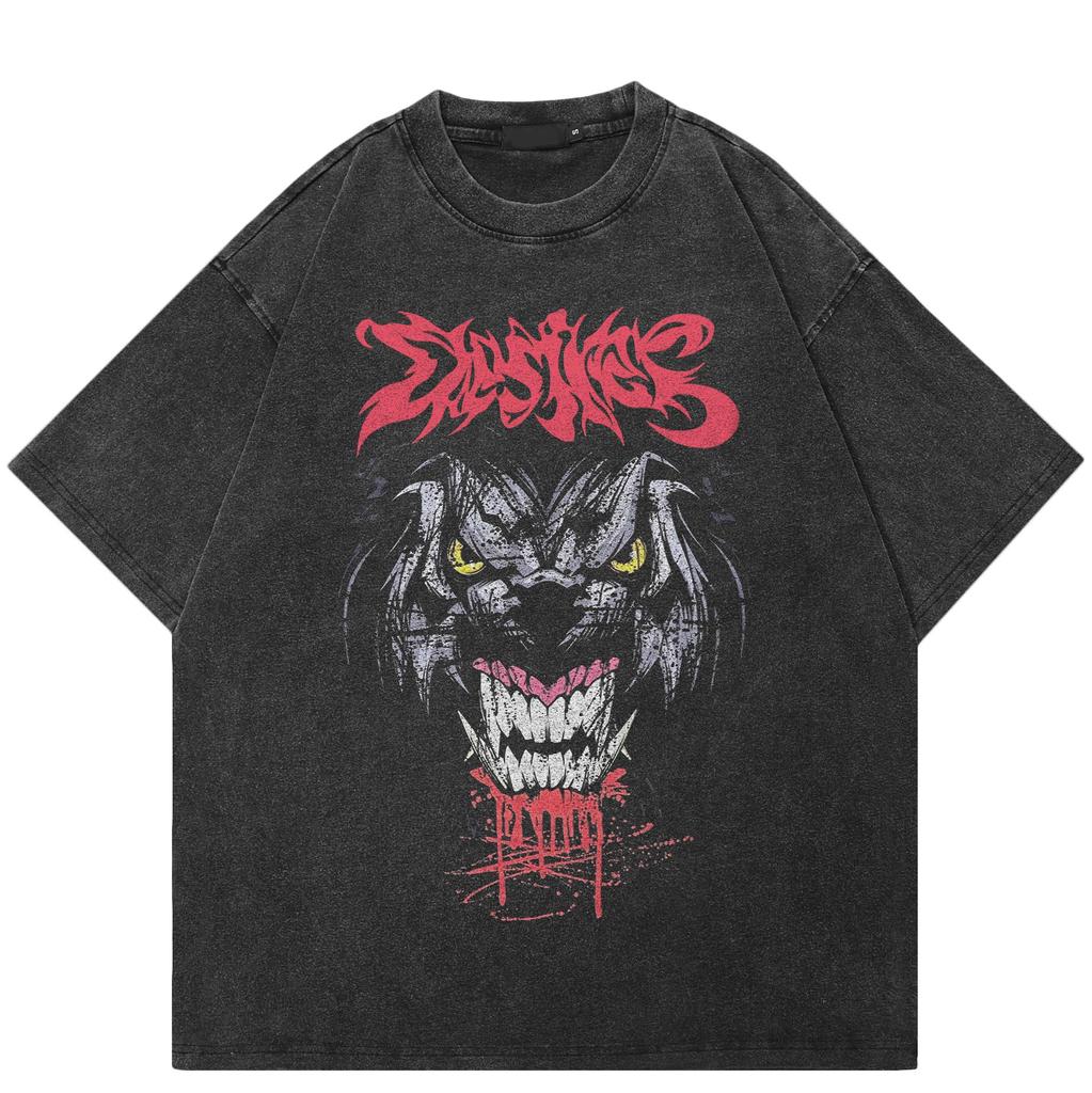 Streetwearové tričko Vicious Dog s vintage praním v černé barvě Bavlna Y2K Unisex Volný střih Topy Trička