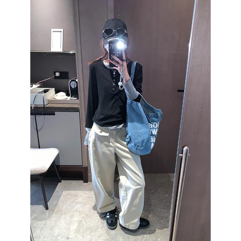 Mochie Spring Korean Color Block Patchwork Slimming Henley T-shirt L чёрный