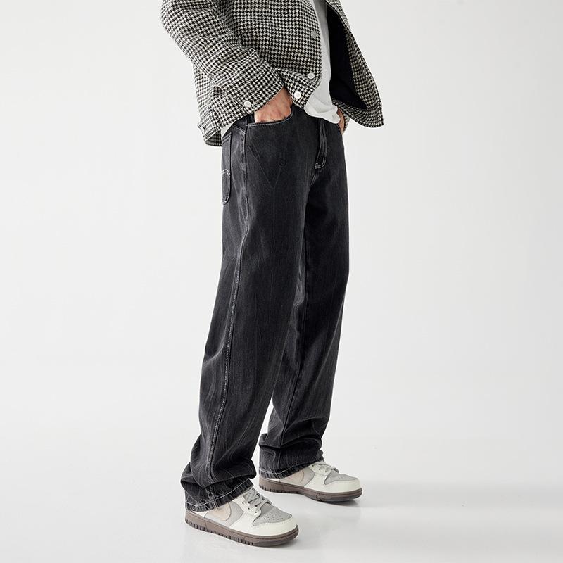 New High Street Retro Japanese Lightning Pattern Washing Jeans Men's Casual Wide-leg Pants