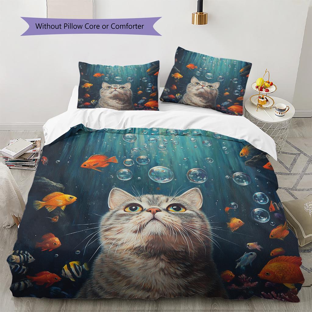 Bubble Cat Pattern Bedding Quilt Set Quilt Cover Pillowcase Home Decoration Gift (1 * duvet cover + 2 * pillowcase, without core)