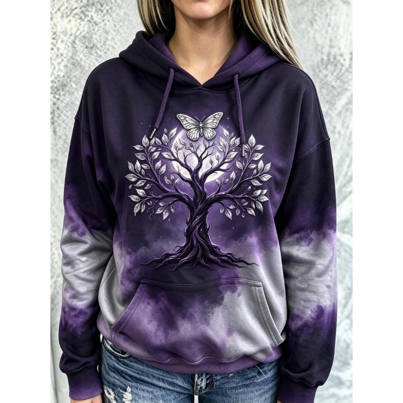 Women Fleece Hoodie Autumn Tree Butterfly Tie‑Dye Print Long Sleeve Drawstring Pocket Loose Hooded Sweatshirt