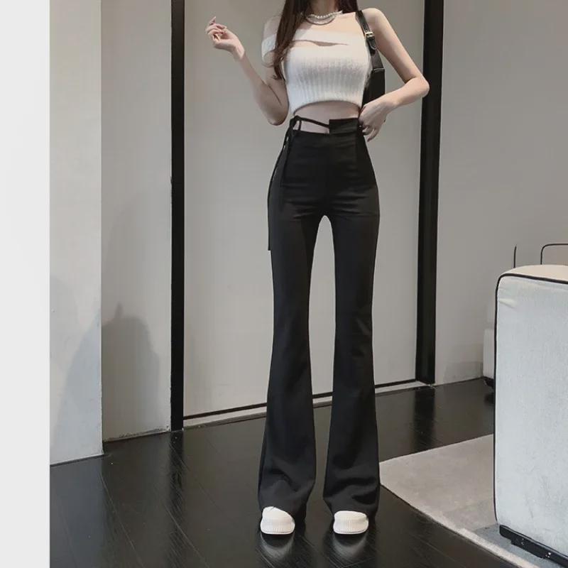 Z Design Women's High Waist Flared Spring Pants - Black Slim Fit Horseshoe Trousers with Straps