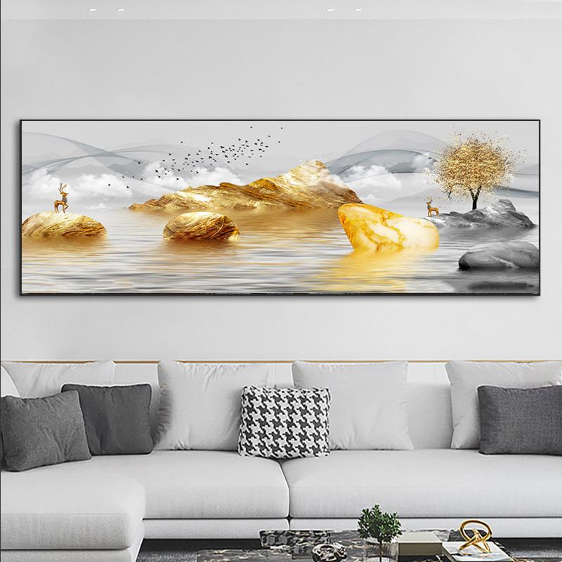 Landscape Golden Mountain Posters and Prints Canvas Painting Tree Boat Deer Cuadros Light Luxury Wall Art Living Room Home Decor