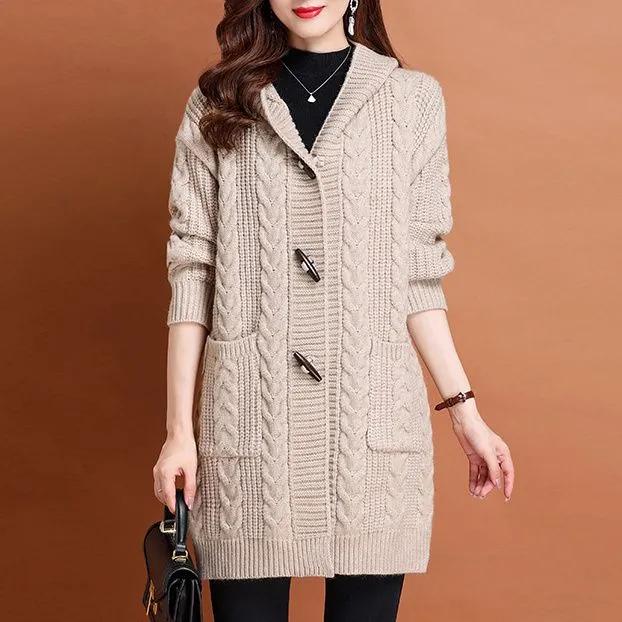 Women Spring Autumn Hooded Cardigan Sweater Jacket Ladies Mid Length Sweater Casual Knitted Overcoat