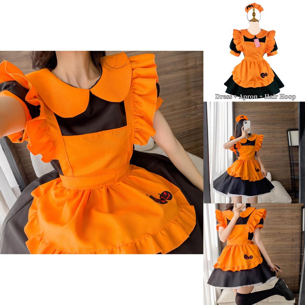Cute Lolita Pumpkin Maid Halloween Party Costume Dress With Headdress
