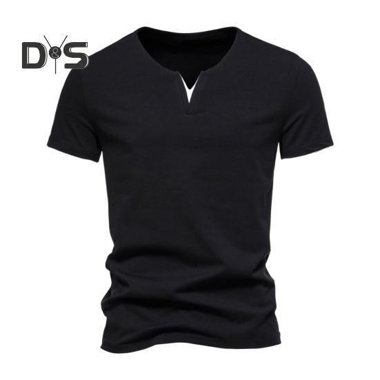 

Мужской летний топ с V-образным вырезом и короткими рукавами, сплошной цвет, мягкий дышащий пуловер, эластичный искусственный двухсекционный пуловер больших размеров, повседневная футболка средней длины M чёрный