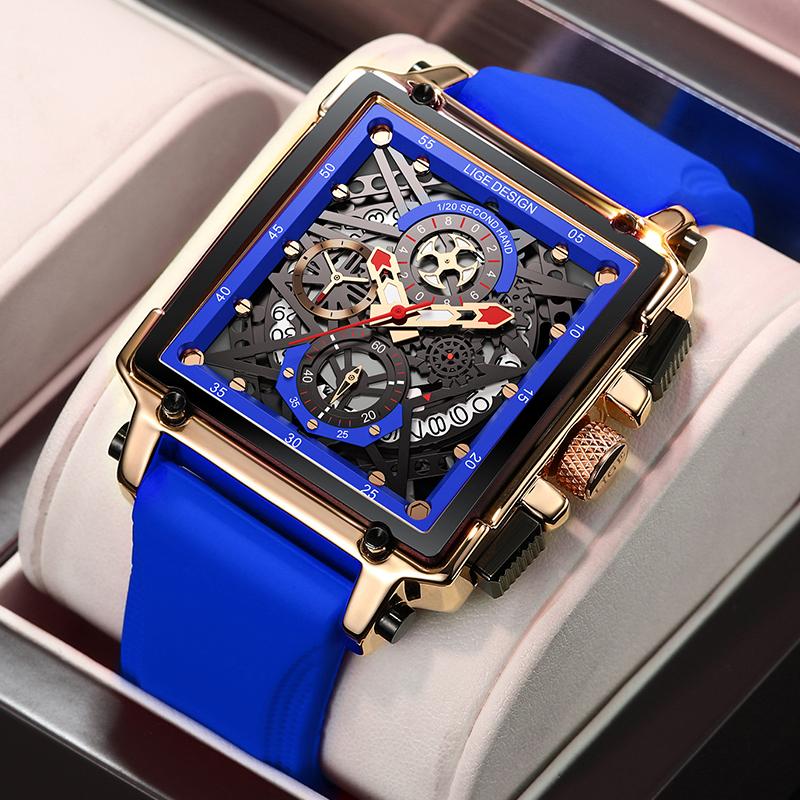 New Creative Hollow Chronograph Square Watch Man Fashion Business Silicone Waterproof Quartz Men's Watches Montre Homme+BOX