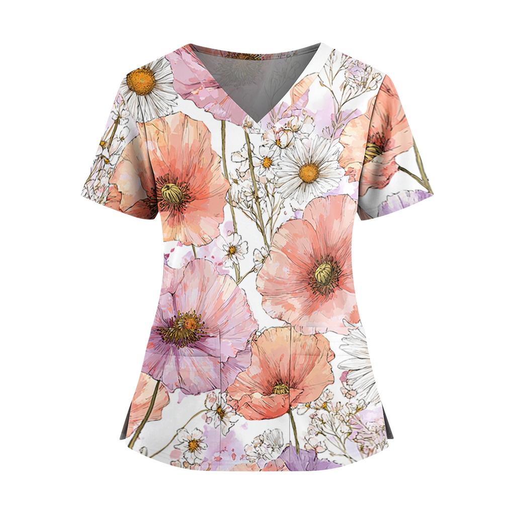 Women's floral print V-neck double pocket short-sleeved uniform/caregiver top with slits at the hem