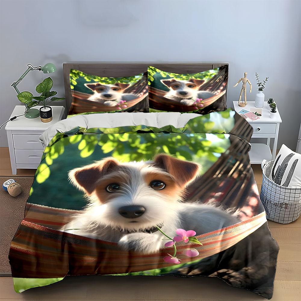 Cute Puppy In Hammock Scene Bedding Duvet Cover Set (1*Duvet Cover 2*Pillowcases, Without Duvet Insert)