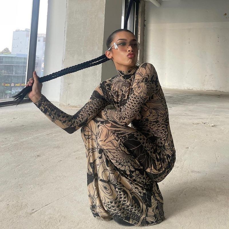 New Fashion Mesh Printing Perspective Turtleneck Dress Spring and Summer Slim and Thin Dresses Streetwear Long Sleeve Maxi Dress Party Women Clothing