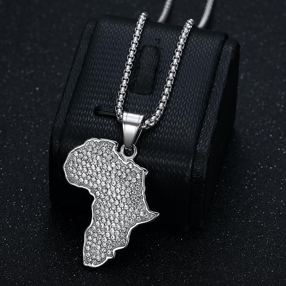 Zirconium-inlaid African Map Pendant Necklace Men's Hip-hop Stainless Steel Jewelry
