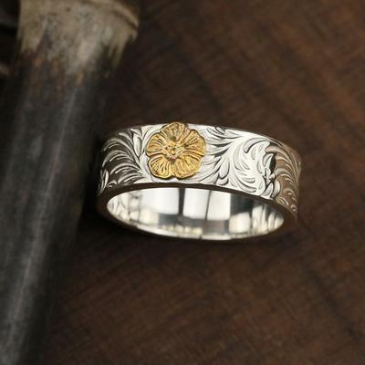 Ręcznie robiony Vintage Pierścionek Kwiatowy z Motywem Róży Wzór Scrollwork Regulowany Posrebrzana Biżuteria Unisex