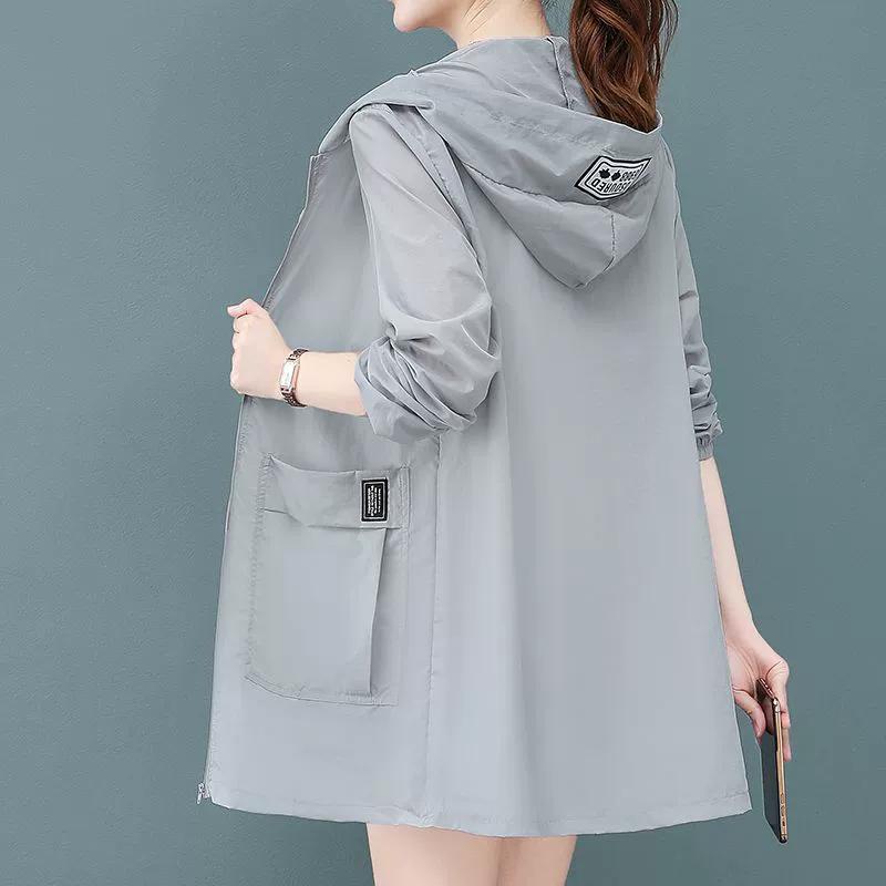 Spring Summer Enlarged Size Women's Thin Section Hooded Sunscreen Clothing UV Protection Solid Colour Jacket