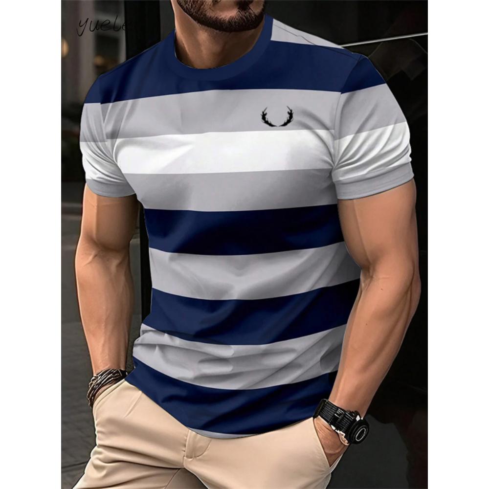 Fashion Striped Printed Men's T-Shirt Summer Breathable Men's Clothing Casual Loose Men Tops Versatile O-Neck Men Short Sleeved