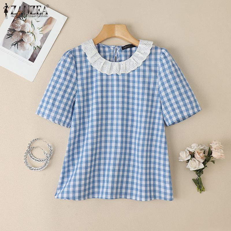 

ZANZEA Women Patchwork Round Neck Casual Short Sleeve Grid Print Blouse 3XL синий