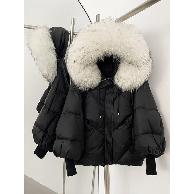 Womens Hooded Down Coat With Raccoon Fur Trim Knit Sleeve Loose Fit Mid-Length Warm Winter Jacket