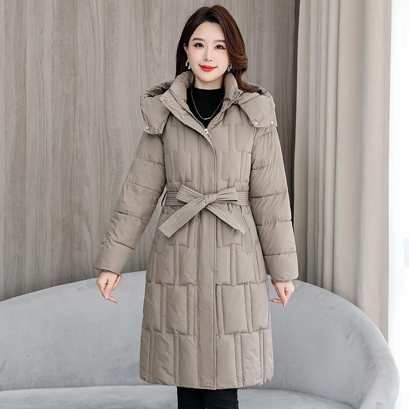 Down cotton jacket women's 2025 winter new Korean cotton jacket waist-cinched mid-length thickened slimming hooded jacket