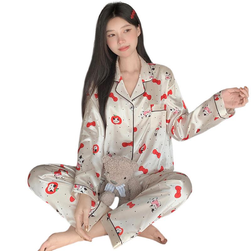 French Cute Cat Ice Silk Pajamas Women'S Spring And Autumn Sweet Wind Cool Long-Sleeved Loungewear Suit Can Be Worn Outside