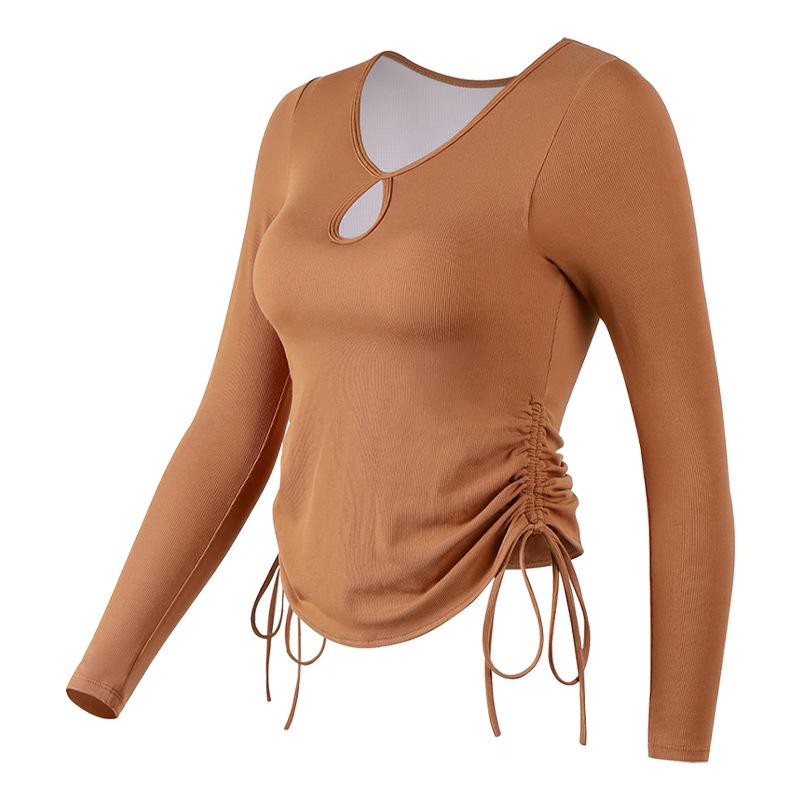 Autumn new tight yoga clothes top high-end sense with chest pad fitness long-sleeved women's drawstring pleated sports T-shirt