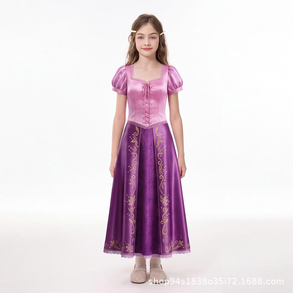 Tangled Rapunzel Princess Cosplay Dress, Kids Halloween Anime Long Gown Performance Costume