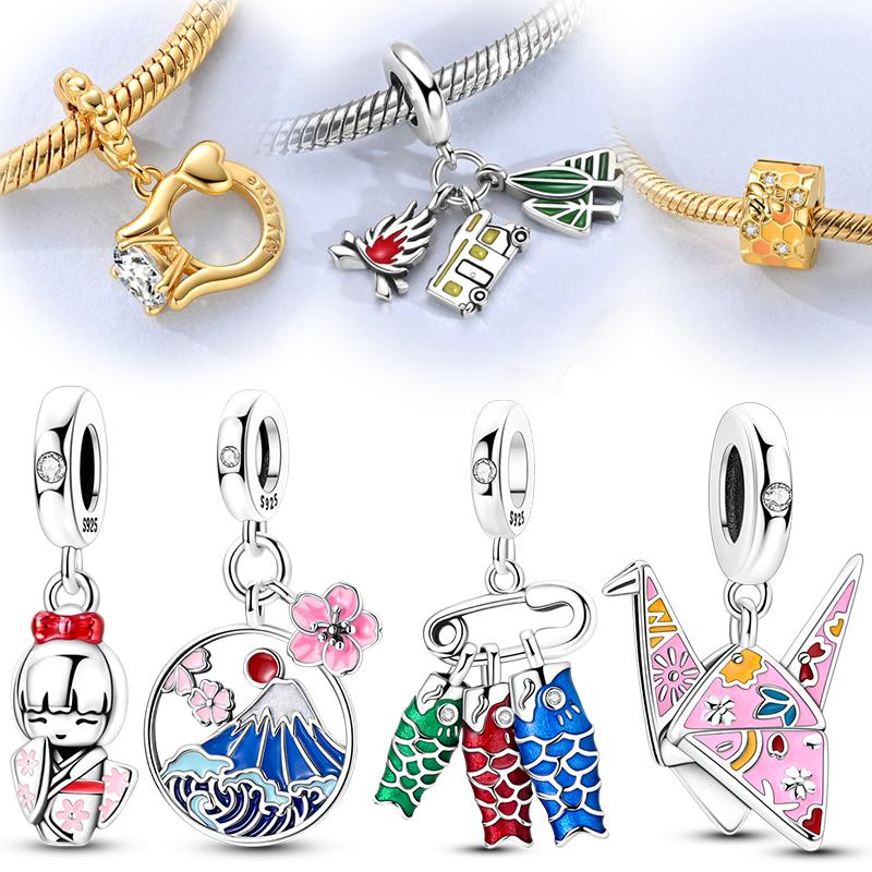 925 Silver Charm Beads Kimono Mount Fuji Paper Cranes Pendant For Women DIY Bracelet Gift Handmade Jewelry