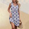 Women's Summer V-neck Casual Beach Vacation Style Vintage Print Sleeveless Splicing Dresses