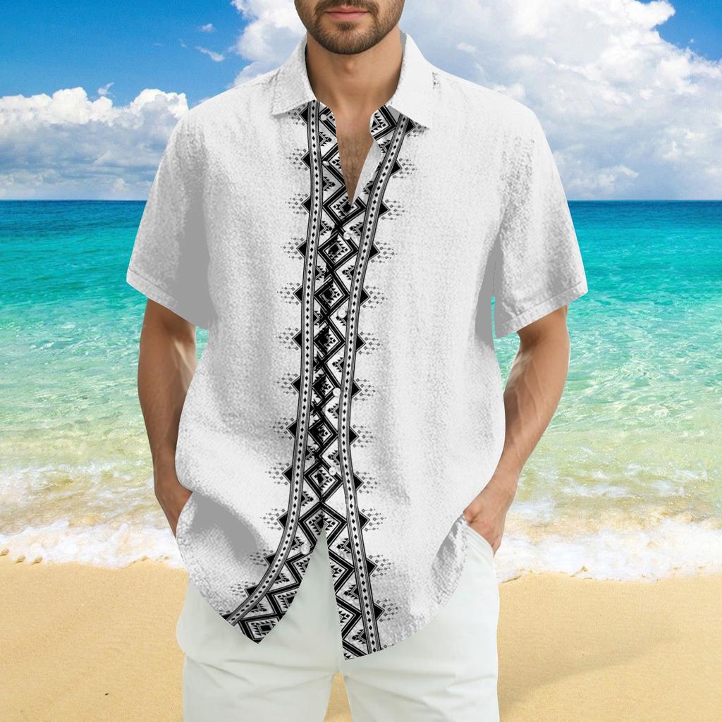 Men's Fashionable Casual Loose Striped Printed Beach Short-sleeved Shirt