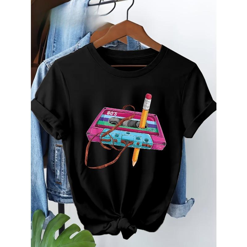 Pure Outdoor Themed Printed T-shirt, Women s Pure Short Sleeved T-shirt, 80s Retro Cassette Pencil Pattern Printed Casual T-shirt, S чёрный