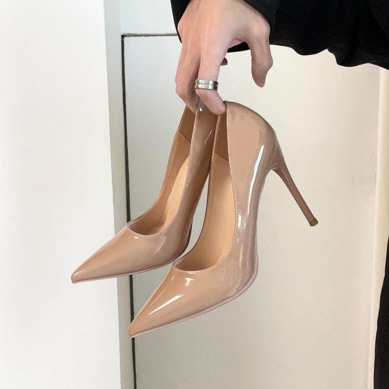 Patent Leather Pointed Toe Nude High Heels Femininity Socialite Year New Professional Black Thin Heels Not Tired Feet Shoes