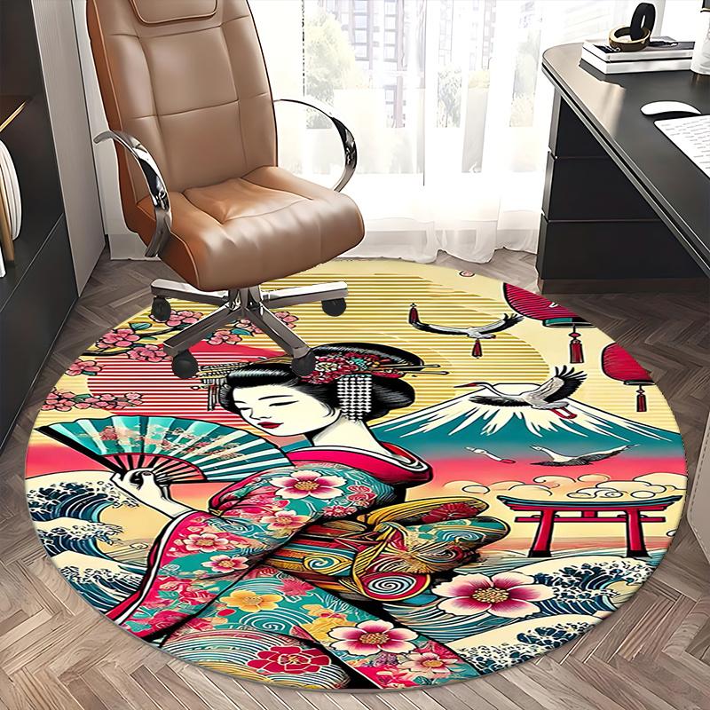 Japanese Geisha Artwork Chair mat Round Rug-Office carpet, Machine Washable, Non-slip, Suitable for Living Rooms, Bedrooms