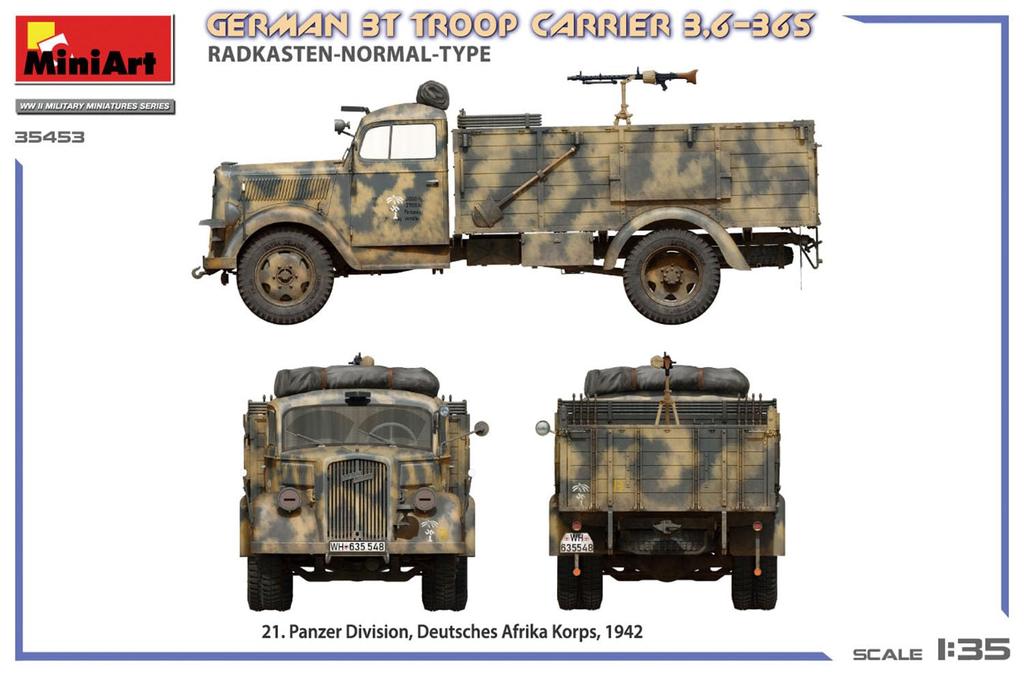 MiniArt German Army Personnel Carrier Truck Normal Wheel Arch Type Plastic Model Kit MA35453 1/35 WW.II 3-ton 3.6-36S