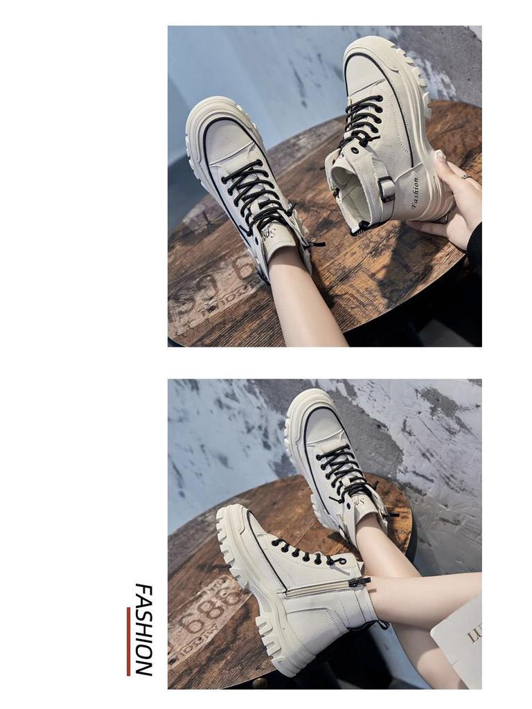Women's White High-Top Casual Sneakers - 2024 Korean Style, Thick-Soled Martin Short Boots for Autumn/Winter