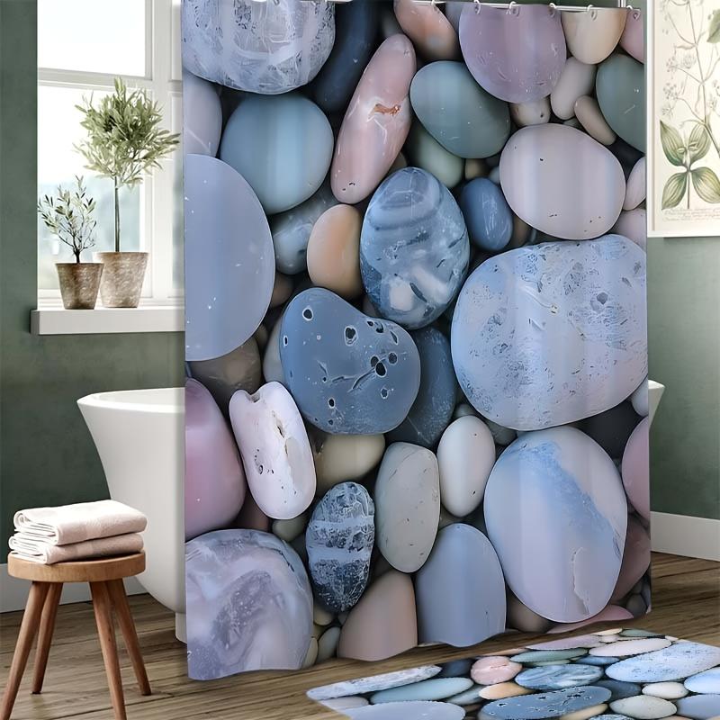 4Pcs Bathroom Shower Curtain Set  Colorful Pebble Pattern Bathroom Curtain With 12 Hooks Non Slip Rugs Toilet Cover Mat Bathroom Partition
