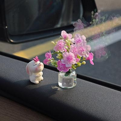 Car Dashboard Decor Mini Bunny with Blossom In Flower Vase Automotive