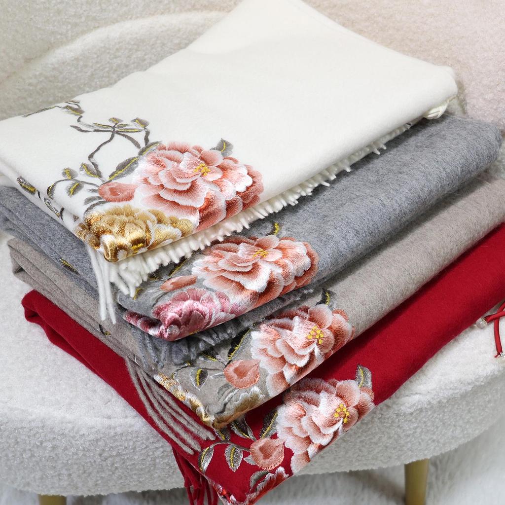 Fular din Lână Brodat în Stil Chinezesc – Șal Elegant de Iarnă pentru Femei, Față-Verso, Accesoriu Cald și la Modă