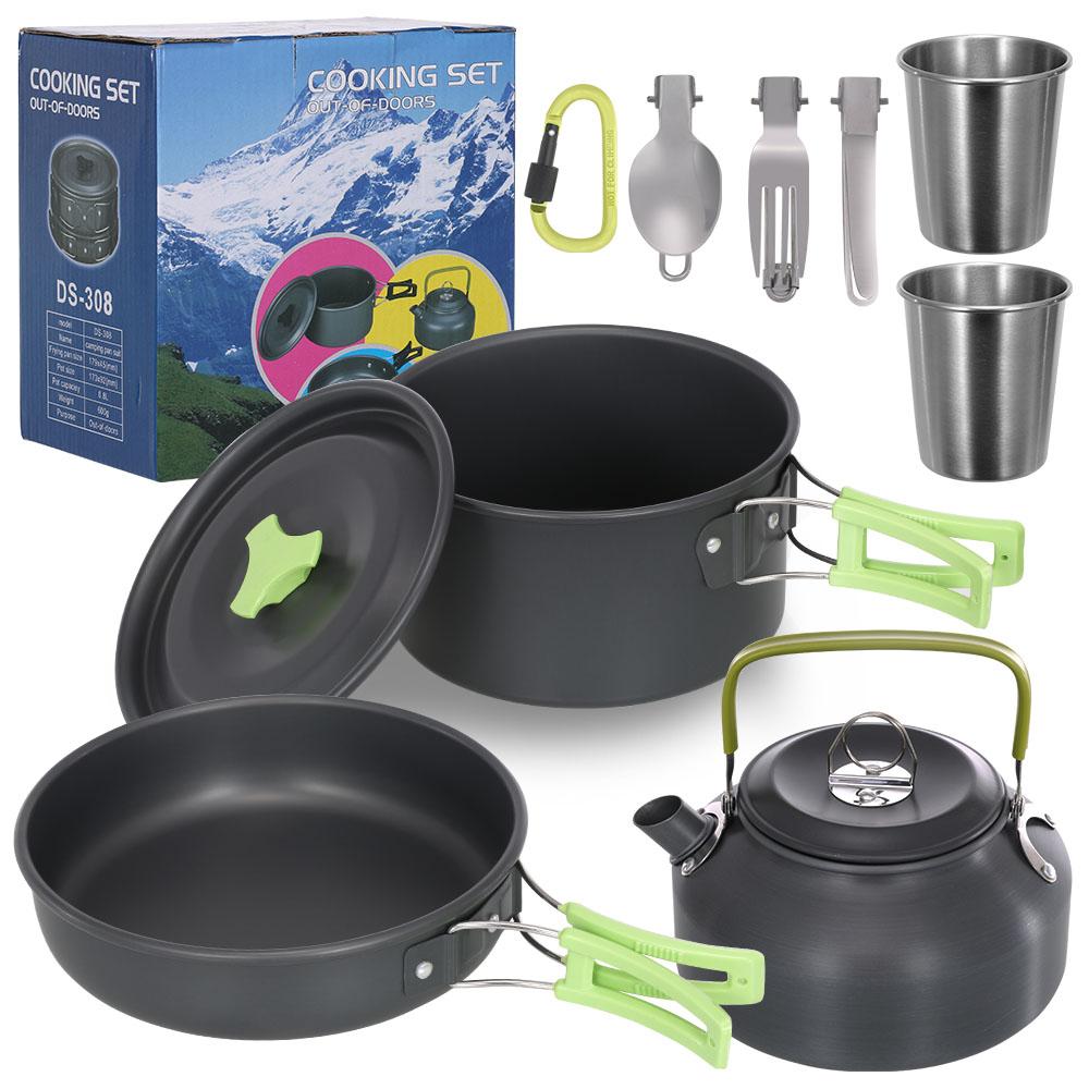 Camping Cookware Set Lightweight Portable Pan Kettle Cups Spoon Fork Cutter for Picnic Hiking Teapot Cookware Travel Cooking Set