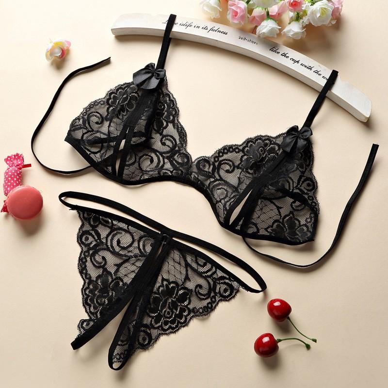 Sexy Lace Lingerie Set with Bowknot and Open Crotch, Women's Three-Point Style C06