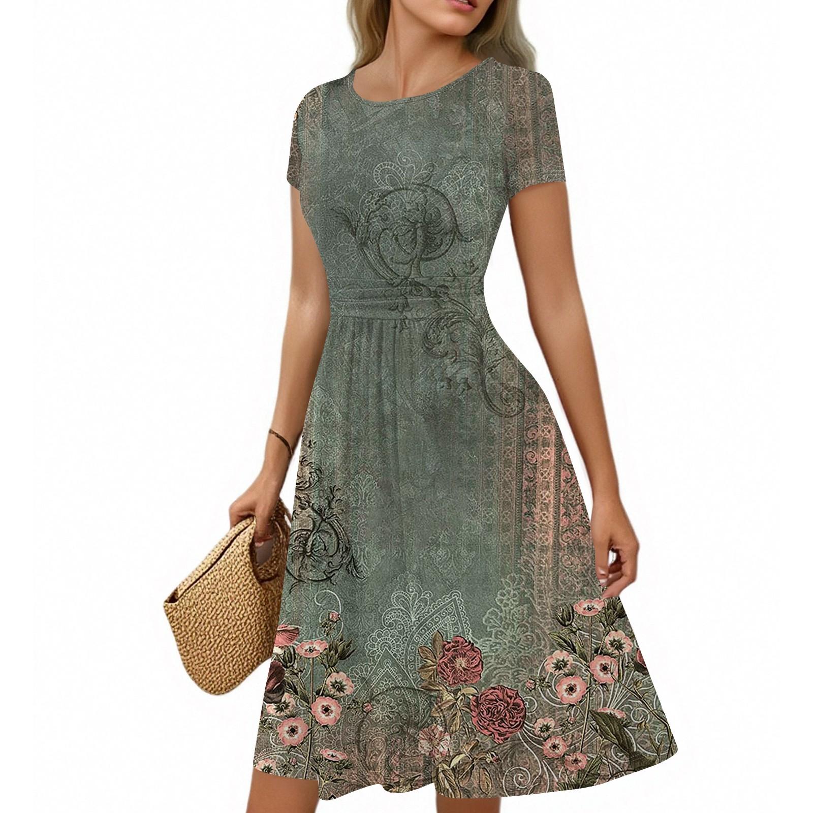 

Женское повседневное модное платье миди А-силуэта с круглым вырезом, плиссированными короткими рукавами и ретро-цветочным принтом L