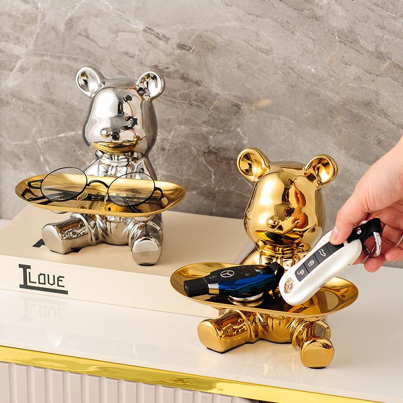 Elegant Ceramic Bear Storage Tray & Piggy Bank - Hallway Shoe Cabinet & Living Room Decor