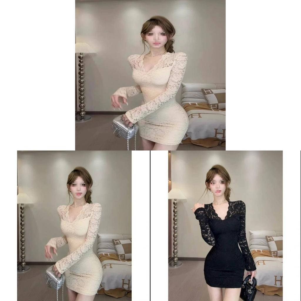 Spring 2025 Womens Lace Bodycon Dress With V Neck Long Sleeve For Elegant Office Wear
