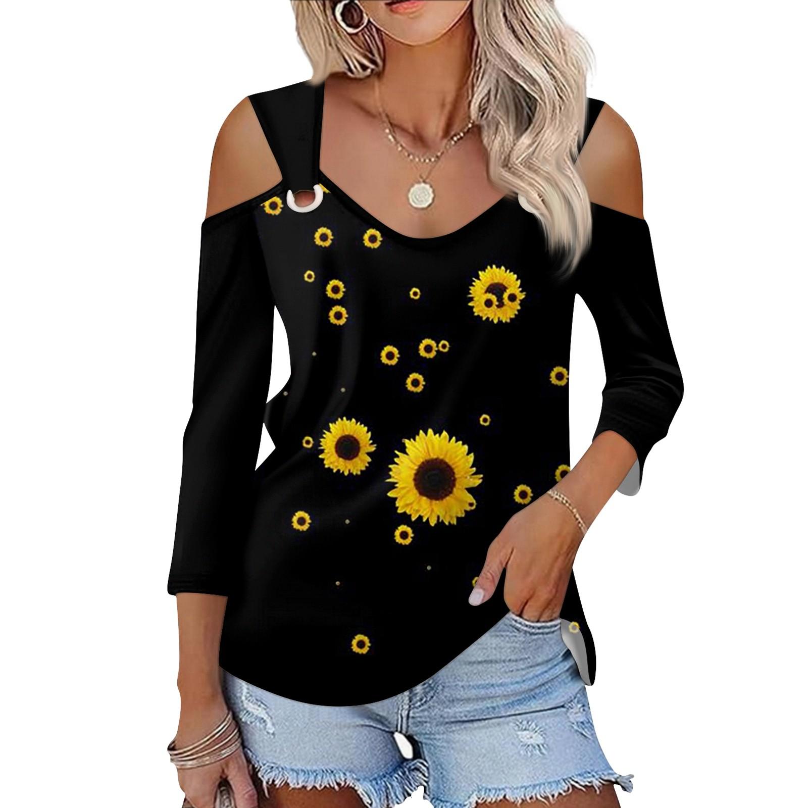 

Женская повседневная рубашка-блузка с v-образным вырезом и принтом, сексуальный топ с открытыми плечами и рукавами 3/4 L чёрный