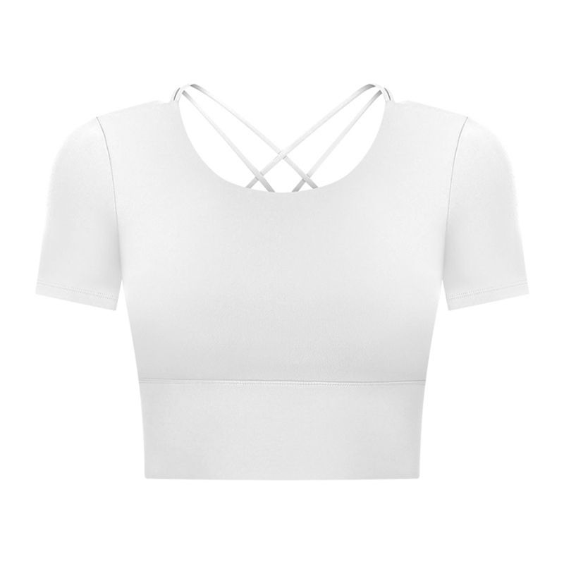 Original Open Back Yoga Jacket Short Sleeve Tight Sports T-shirt with Chest Pad Women's Quick-Drying Running Fitness Clothes Summer