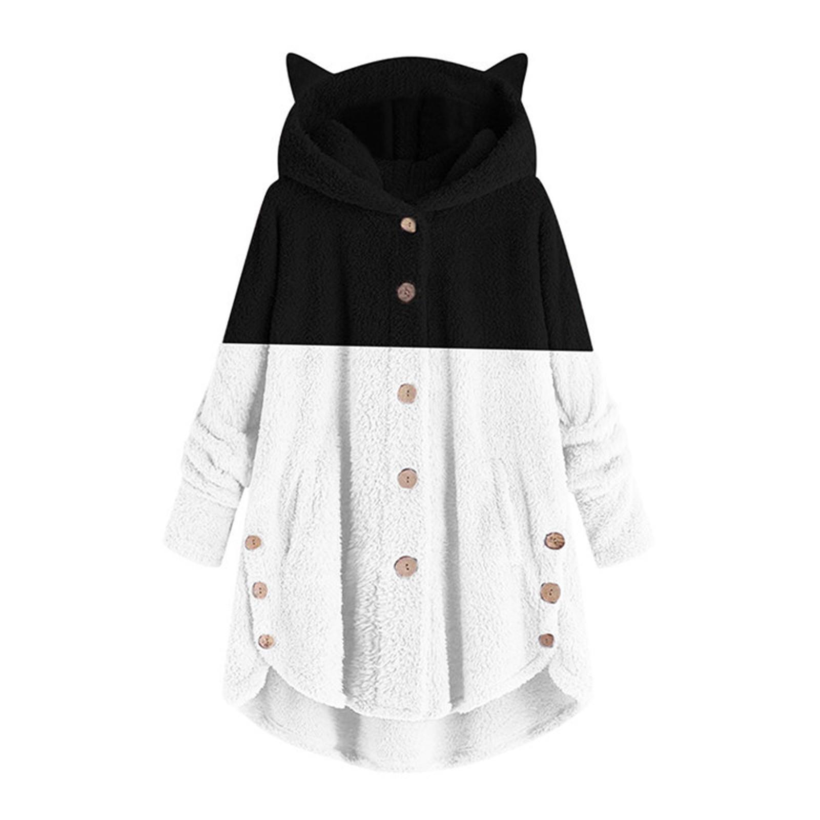 Women Fashion Plush Pocket Winter Pacthwork Long Sleeve Keep Ears Warm Coat S чёрный